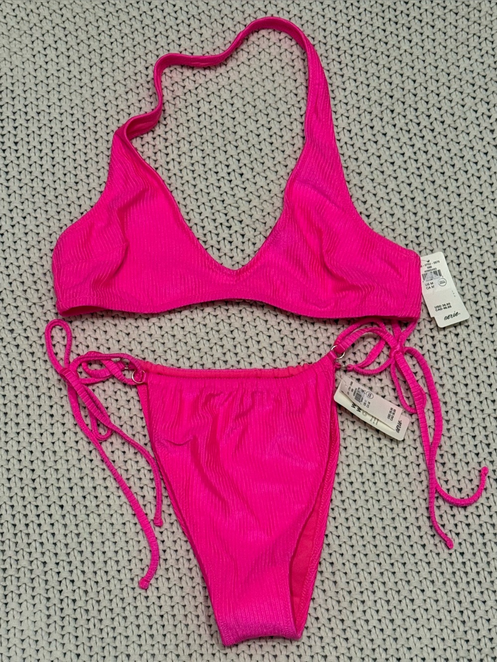 NWT Aerie Hot Pink Ribbed Bikini Set - Size Medium